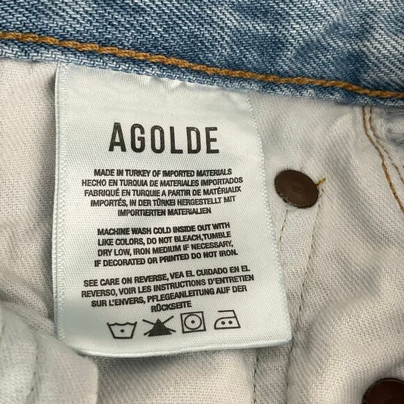 AGOLDE Blue Criss Cross Whiskering Fringe Raw Hem Cotton Straight Jeans Size 25 - Picture 5 of 8